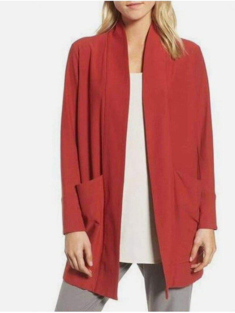 Eileen Fisher New Coral-Red Open Front Knit Cardigan